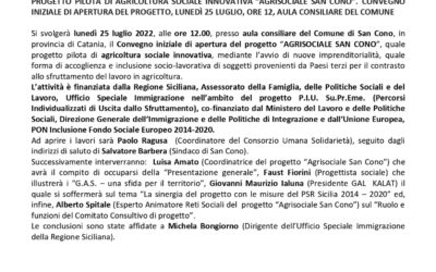 “AGRISOCIALE SAN CONO” PROGETTO PILOTA DI AGRICOLTURA SOCIALE INNOVATIVA. CONVEGNO INIZIALE DI APERTURA, LUNEDÌ 25 LUGLIO, ORE 12, AULA CONSILIARE DEL COMUNE