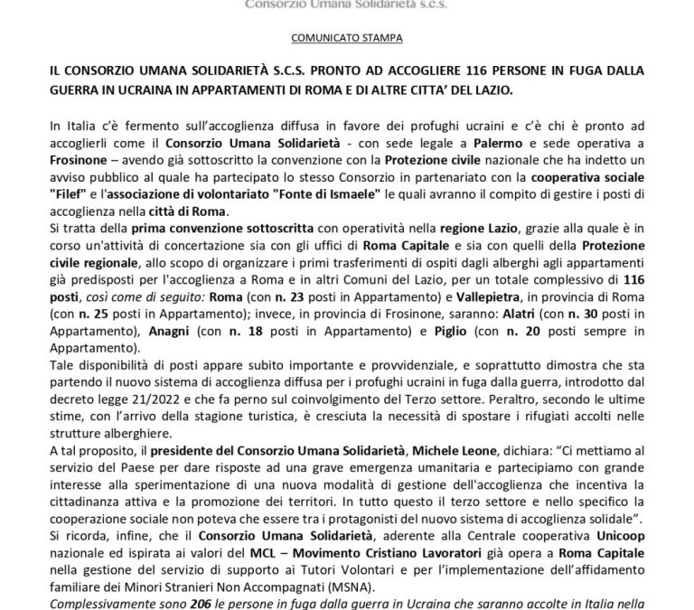IL CONSORZIO UMANA SOLIDARIETÀ S.C.S. PRONTO AD ACCOGLIERE 116 PERSONE IN FUGA DALLA GUERRA IN UCRAINA IN APPARTAMENTI DI ROMA E DI ALTRE CITTA’ DEL LAZIO.