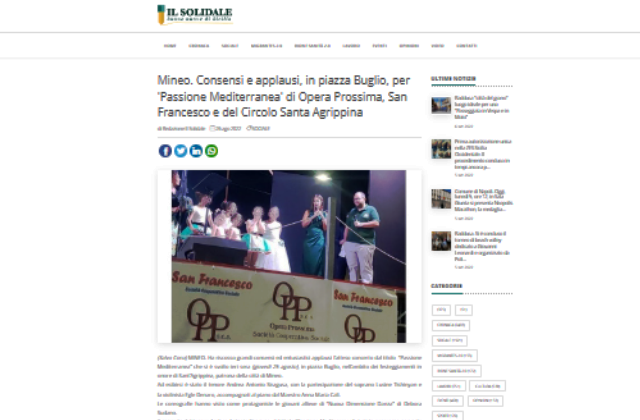 IL SOLIDALE (26.08.2022) Mineo. Consensi e applausi, in piazza Buglio, per ‘Passione Mediterranea’ di Opera Prossima, San Francesco e del Circolo Santa Agrippina