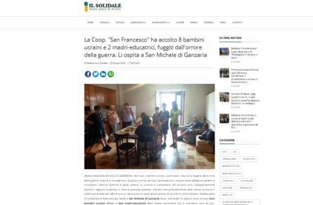 IL SOLIDALE (18.08.2022) – La Coop. “San Francesco” ha accolto 8 bambini ucraini e 2 madri-educatrici, fuggiti dall’orrore della guerra. Li ospita a San Michele di Ganzaria