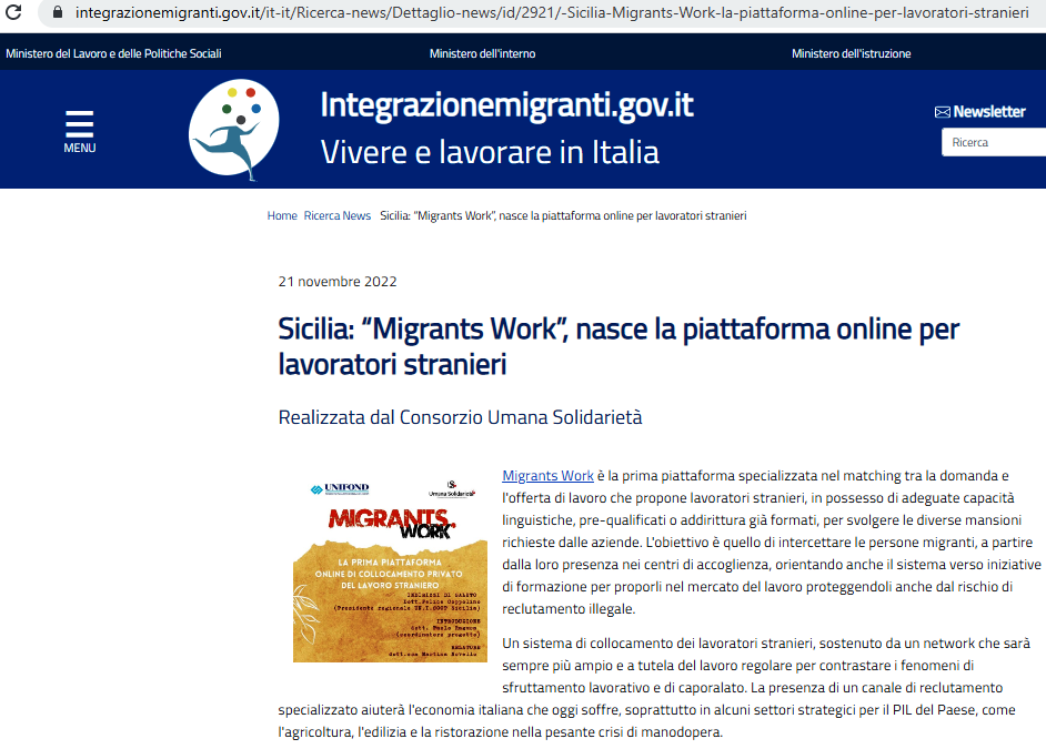 Integrazionemigranti.gov.it (21.11.2022) Sicilia: “Migrants Work”, nasce la piattaforma online per lavoratori stranieri  Realizzata dal Consorzio Umana Solidarietà