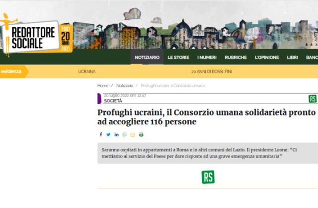 REDATTORE SOCIALE (20.07.2022) Profughi ucraini, il Consorzio umana solidarietà pronto ad accogliere 116 persone