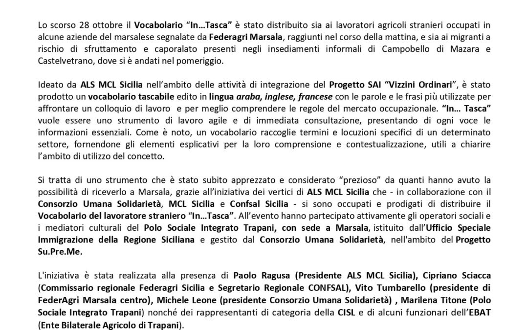 ALS – MCL SICILIA HA AVVIATO UNA CAMPAGNA DI DIFFUSIONE DEL VOCABOLARIO “IN…TASCA”, IL PRIMO GLOSSARIO IN ITALIA INTERAMENTE DEDICATO AL LAVORO STRANIERO
