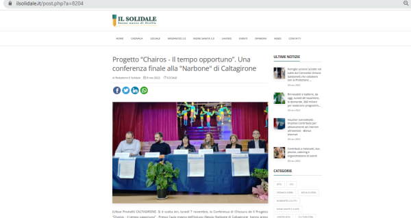 IL SOLIDALE (08.11.2022) Progetto “Chairos – Il tempo opportuno”. Una conferenza finale alla “Narbone” di Caltagirone