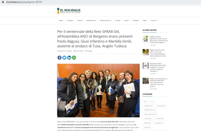 IL SOLIDALE (24.11.2022) Per il ventennale della Rete SPRAR-SAI, all’Assemblea ANCI di Bergamo erano presenti Paolo Ragusa, Giusi Infantino e Mariella Simili, assieme al sindaco di Tusa, Angelo Tudisca