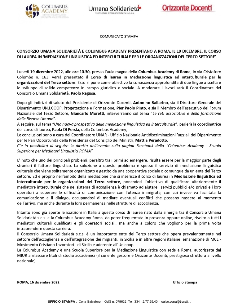 CORSO LAUREA CONSORZIO UMANA SOLIDARIETA