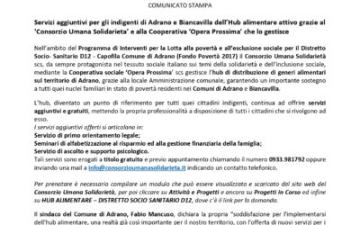 Com. Stampa (11.01.2023) Servizi aggiuntivi per gli indigenti di Adrano e Biancavilla dell’Hub alimentare attivo grazie al ‘Consorzio Umana Solidarieta’ e alla Cooperativa ‘Opera Prossima’ che lo gestisce