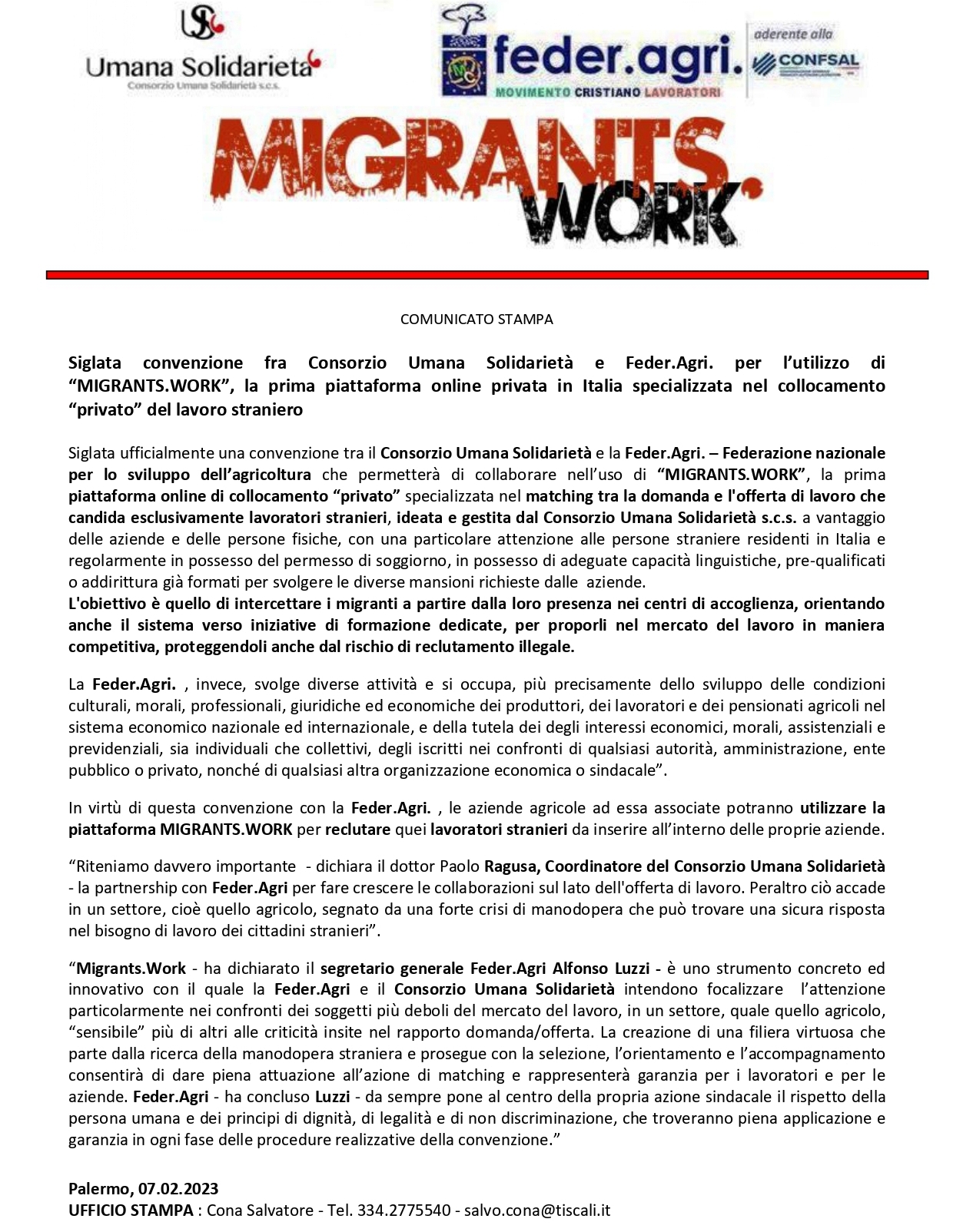 C.s. CONVENZIONE Consorzio Umana Solidarietà E Feder.Agri Per MIGRANTS WORK Prima Piattaforma Online Esclusivamente Per Lavoratori Stranieri Page 0001