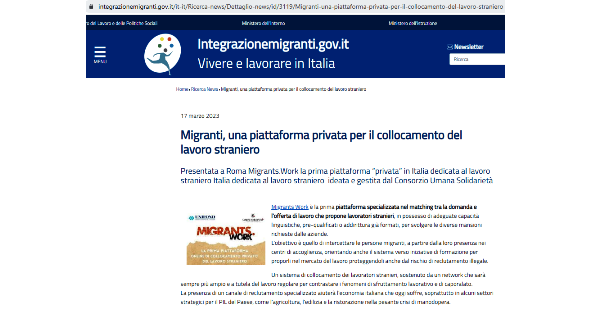 Integrazionemigranti.gov.it (17.03.2023) Migranti, una piattaforma privata per il collocamento del lavoro straniero