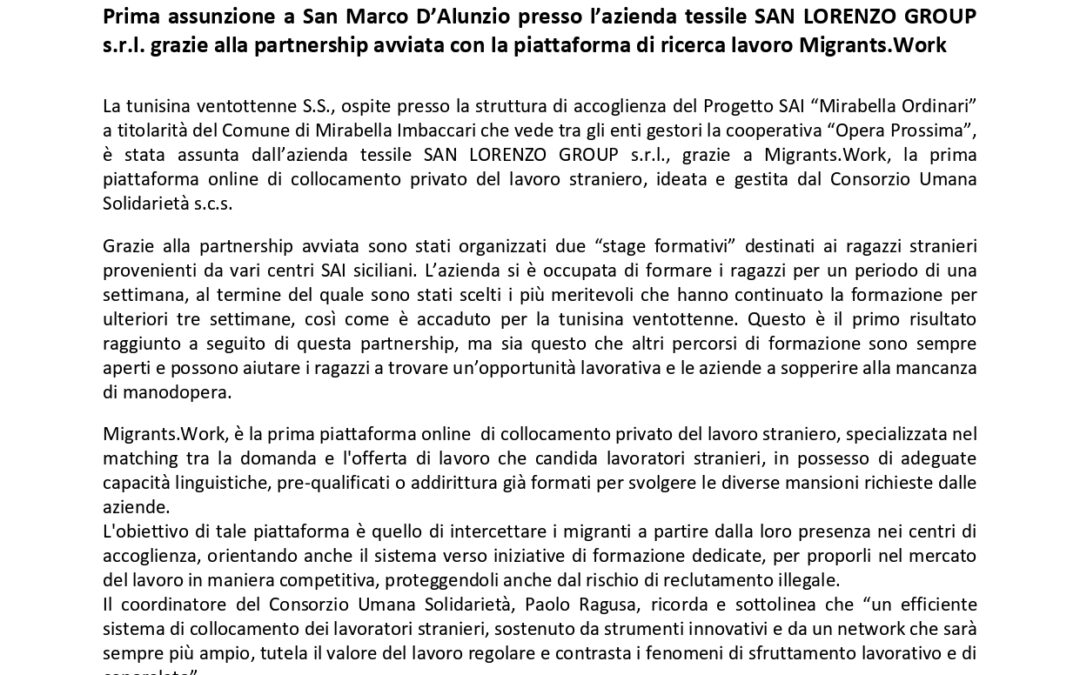 Com. Stampa (16.06.2023) Prima assunzione a San Marco D’Alunzio presso l’azienda tessile SAN LORENZO GROUP s.r.l. grazie alla partnership avviata con la piattaforma di ricerca lavoro Migrants.Work