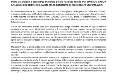 Com. Stampa (16.06.2023) Prima assunzione a San Marco D’Alunzio presso l’azienda tessile SAN LORENZO GROUP s.r.l. grazie alla partnership avviata con la piattaforma di ricerca lavoro Migrants.Work