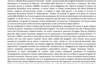 Com. Stampa (02.08.2023) “Servizi e infrastrutture sociali di Comunità”: avviati i servizi previsti dal progetto finanziato al Comune di Montelepre (PA), nell’ambito della Missione 5 “Inclusione e Coesione” del PNRR