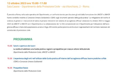 Per il Consorzio Umana Solidarietà ci sarà anche Flavia Raponi all’incontro tecnico che si svolgerà a Roma, giovedì 12 ottobre, sugli STRUMENTI OPERATIVI DELLA GUIDA PRATICA “LA MITIGAZIONE DEL RISCHIO DI VIOLENZA DI GENERE E I MECCANISMI DI TUTELADI PERSONE MINORENNI NEL SISTEMA DI ACCOGLIENZA DIFFUSA”