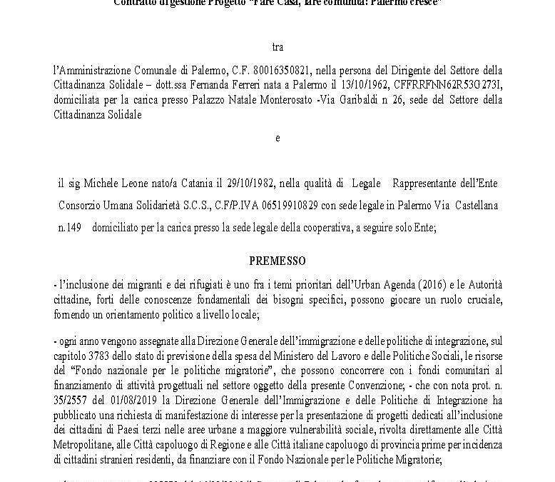Contratto di gestione Progetto “Fare Casa, fare comunità: Palermo cresce”