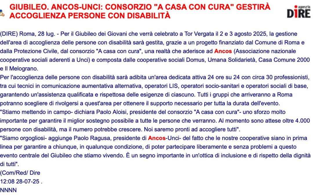 Giubileo dei Giovani: il Consorzio “A Casa con Cura” gestirà l’accoglienza delle persone con disabilità. (Partecipa anche il Consorzio Umana Solidarietà)