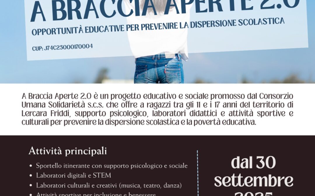 Al via “A Braccia Aperte 2.0”: opportunità educative per prevenire la dispersione scolastica