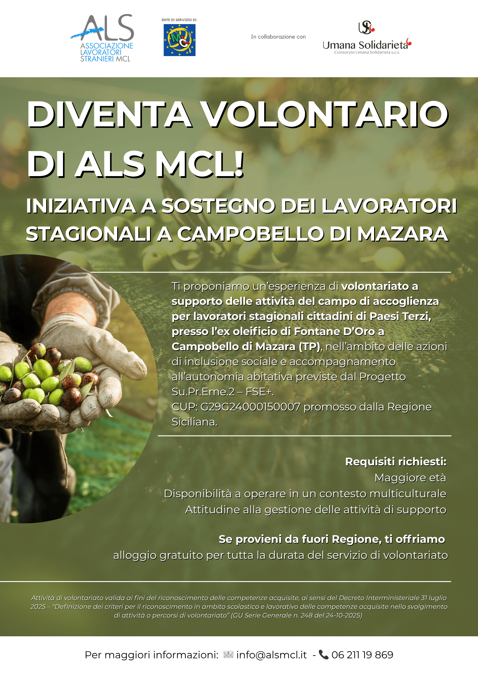 Campobello di Mazara, volontari cercasi: ALS MCL lancia un’iniziativa a sostegno dei lavoratori stagionali