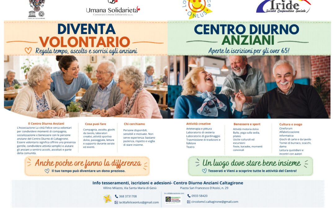 Centro Diurno Anziani Caltagirone: aperte le iscrizioni e la ricerca di volontari